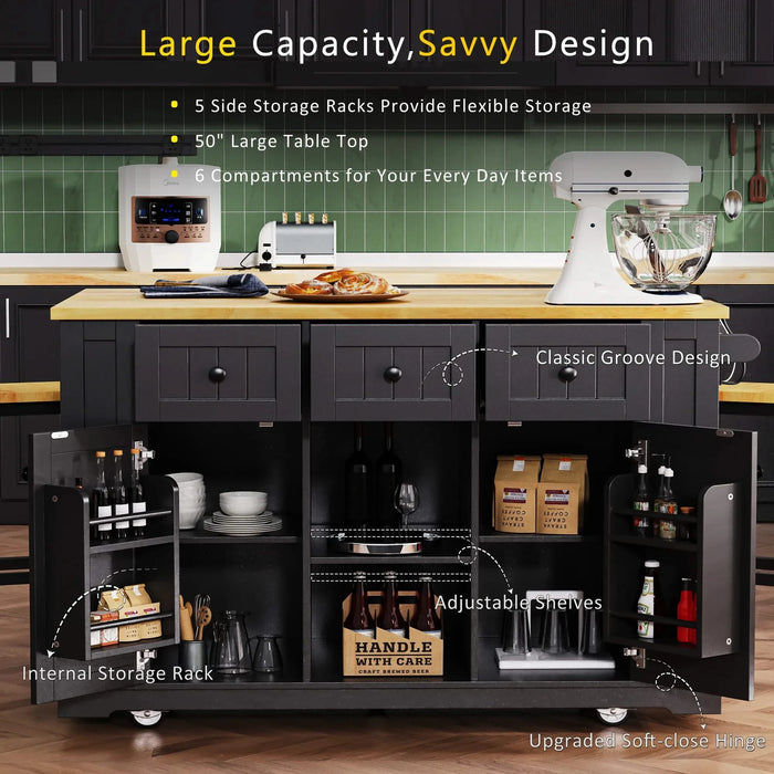 K&K 53inch Large Kitchen Island with Drop Leaf, Power Outlet, Door Internal Storage Rack, Rolling Kitchen Cart on 5 Wheels with 5 Open Side Racks for Kitchen, Dining Room,Black(Not include bar stools) Default -DTYStore