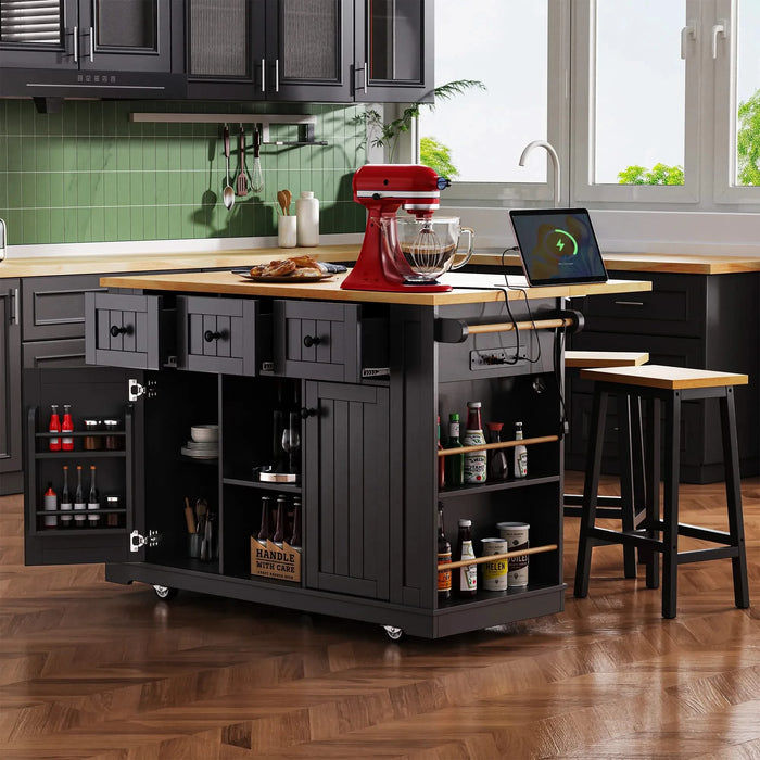 K&K 53inch Large Kitchen Island with Drop Leaf, Power Outlet, Door Internal Storage Rack, Rolling Kitchen Cart on 5 Wheels with 5 Open Side Racks for Kitchen, Dining Room,Black(Not include bar stools) Default -DTYStore