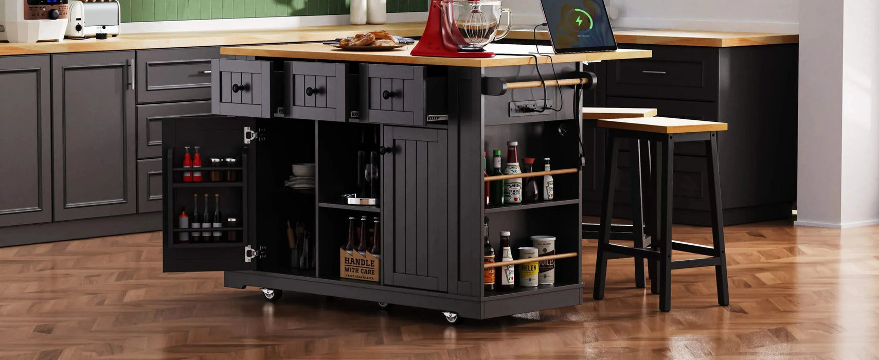 K&K 53inch Large Kitchen Island with Drop Leaf, Power Outlet, Door Internal Storage Rack, Rolling Kitchen Cart on 5 Wheels with 5 Open Side Racks for Kitchen, Dining Room,Black(Not include bar stools) Default -DTYStore