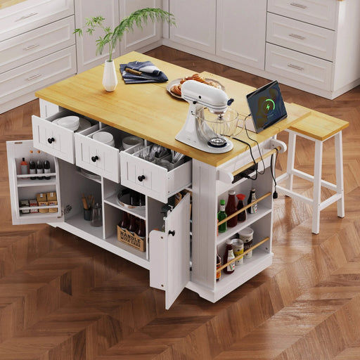 K&K 53inch Large Kitchen Island with Drop Leaf, Power Outlet, Door Internal Storage Rack, Rolling Kitchen Cart on 5 Wheels with 5 Open Side Racks for Kitchen, Dining Room,White(Not include bar stools) Default -DTYStore