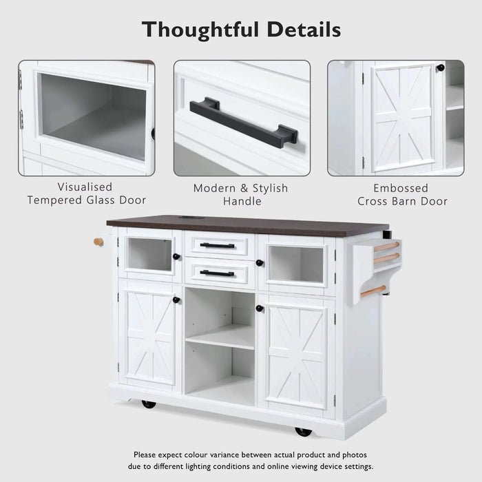 K&K 54.9' Kitchen Island with Drop Leaf, Power Outlet, Kitchen Storage Cart with 4 Door Shelves, Cross Barn Doors & Visual Glass Door, Rolling Kitchen Island on 4 Wheels for Kitchen, Dining Room,White Default -DTYStore