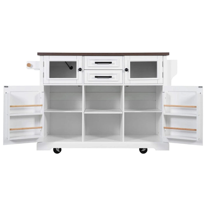 K&K 54.9' Kitchen Island with Drop Leaf, Power Outlet, Kitchen Storage Cart with 4 Door Shelves, Cross Barn Doors & Visual Glass Door, Rolling Kitchen Island on 4 Wheels for Kitchen, Dining Room,White Default -DTYStore