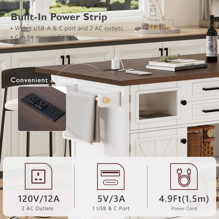 K&K 54.9' Kitchen Island with Drop Leaf, Power Outlet, Kitchen Storage Cart with 4 Door Shelves, Cross Barn Doors & Visual Glass Door, Rolling Kitchen Island on 4 Wheels for Kitchen, Dining Room,White Default -DTYStore