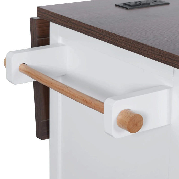 K&K 54.9' Kitchen Island with Drop Leaf, Power Outlet, Kitchen Storage Cart with 4 Door Shelves, Cross Barn Doors & Visual Glass Door, Rolling Kitchen Island on 4 Wheels for Kitchen, Dining Room,White Default -DTYStore