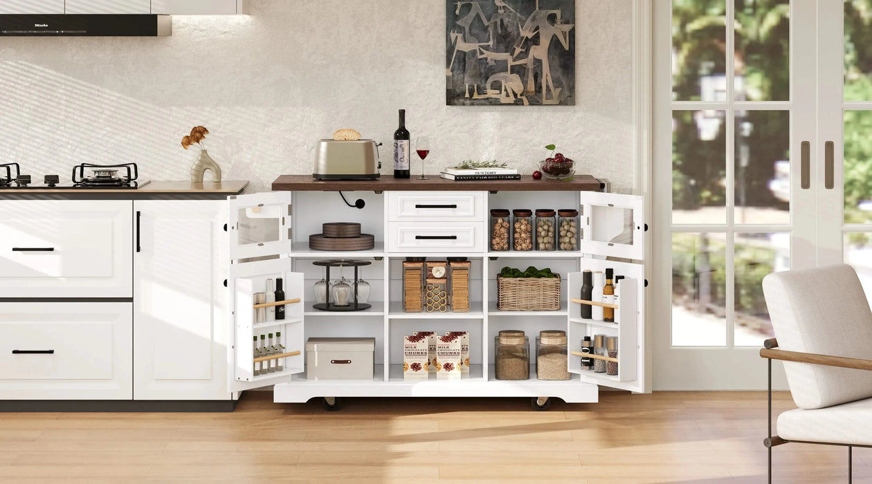 K&K 54.9' Kitchen Island with Drop Leaf, Power Outlet, Kitchen Storage Cart with 4 Door Shelves, Cross Barn Doors & Visual Glass Door, Rolling Kitchen Island on 4 Wheels for Kitchen, Dining Room,White Default -DTYStore