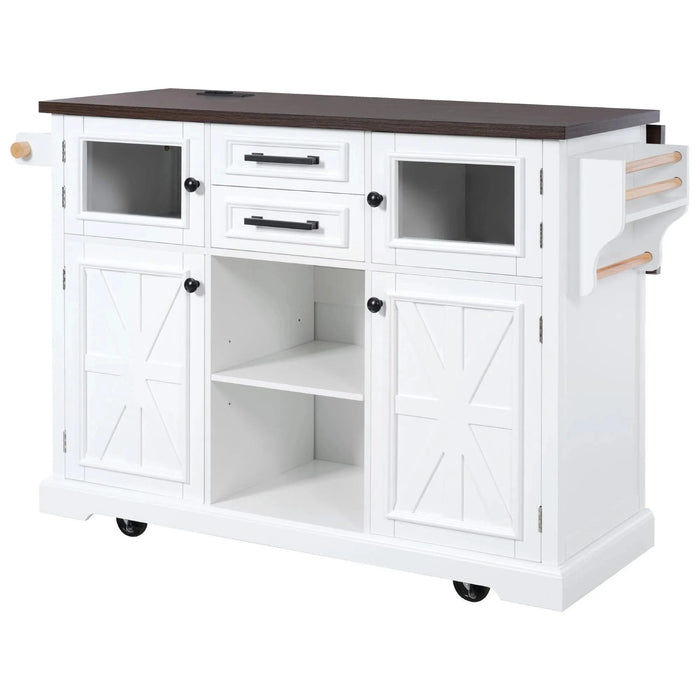 K&K 54.9' Kitchen Island with Drop Leaf, Power Outlet, Kitchen Storage Cart with 4 Door Shelves, Cross Barn Doors & Visual Glass Door, Rolling Kitchen Island on 4 Wheels for Kitchen, Dining Room,White Default -DTYStore