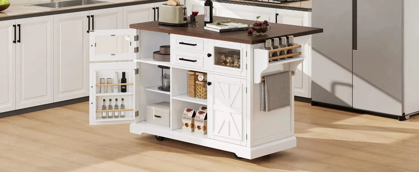 K&K 54.9' Kitchen Island with Drop Leaf, Power Outlet, Kitchen Storage Cart with 4 Door Shelves, Cross Barn Doors & Visual Glass Door, Rolling Kitchen Island on 4 Wheels for Kitchen, Dining Room,White Default -DTYStore