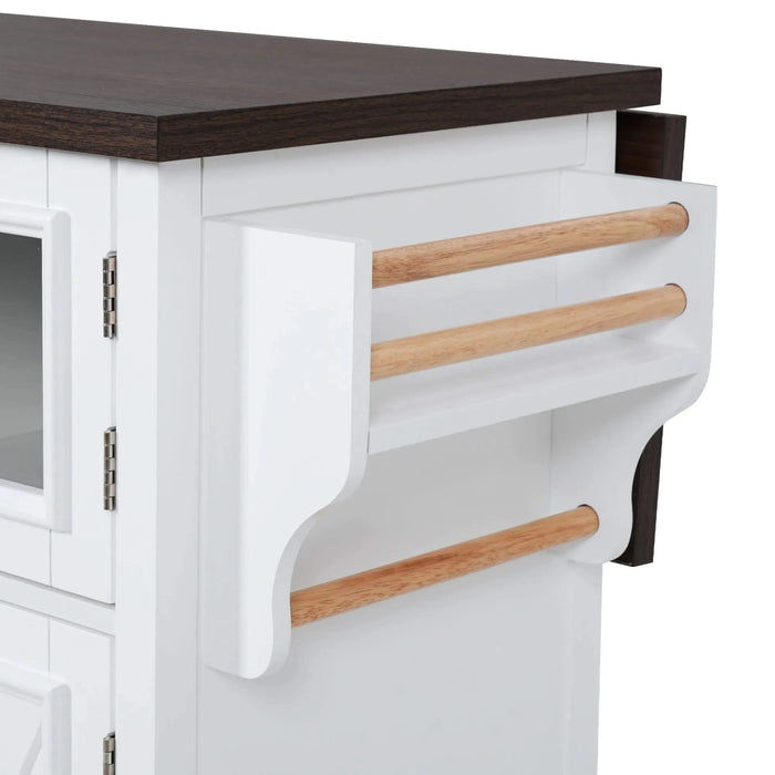 K&K 54.9' Kitchen Island with Drop Leaf, Power Outlet, Kitchen Storage Cart with 4 Door Shelves, Cross Barn Doors & Visual Glass Door, Rolling Kitchen Island on 4 Wheels for Kitchen, Dining Room,White Default -DTYStore