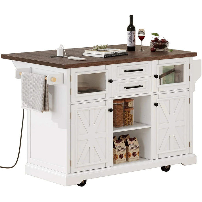 K&K 54.9' Kitchen Island with Drop Leaf, Power Outlet, Kitchen Storage Cart with 4 Door Shelves, Cross Barn Doors & Visual Glass Door, Rolling Kitchen Island on 4 Wheels for Kitchen, Dining Room,White Default -DTYStore