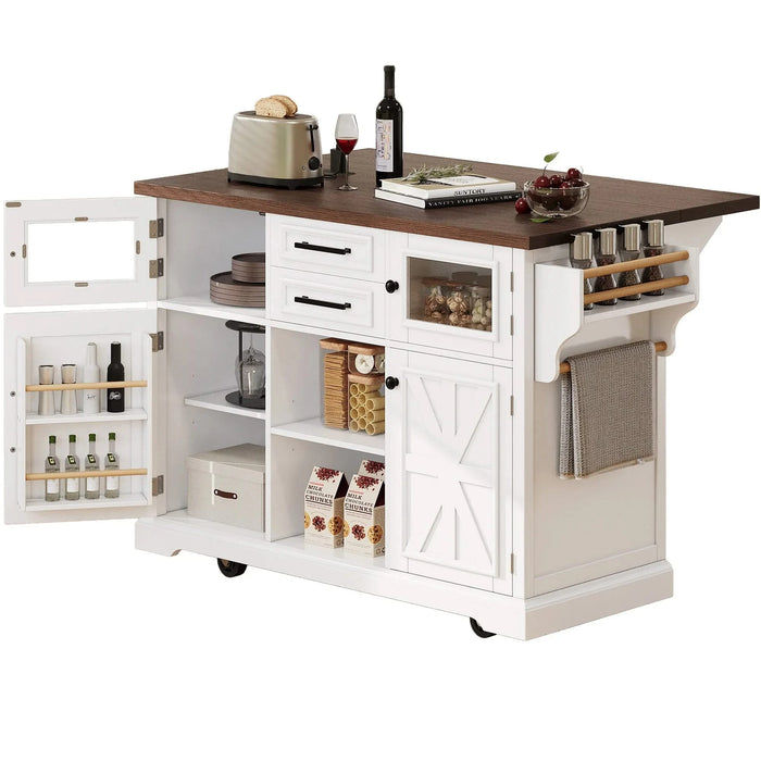 K&K 54.9' Kitchen Island with Drop Leaf, Power Outlet, Kitchen Storage Cart with 4 Door Shelves, Cross Barn Doors & Visual Glass Door, Rolling Kitchen Island on 4 Wheels for Kitchen, Dining Room,White Default -DTYStore
