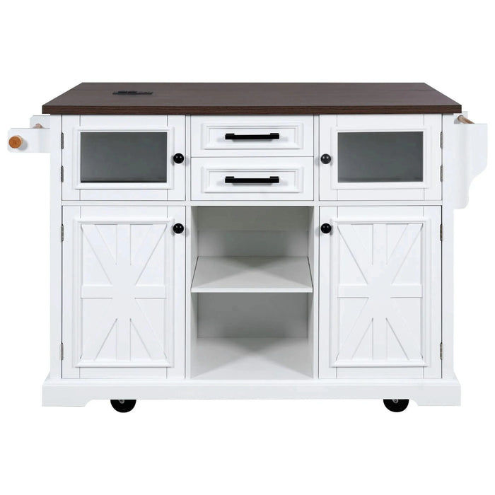 K&K 54.9' Kitchen Island with Drop Leaf, Power Outlet, Kitchen Storage Cart with 4 Door Shelves, Cross Barn Doors & Visual Glass Door, Rolling Kitchen Island on 4 Wheels for Kitchen, Dining Room,White Default -DTYStore