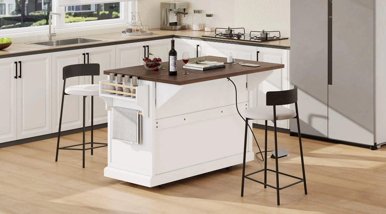 K&K 54.9' Kitchen Island with Drop Leaf, Power Outlet, Kitchen Storage Cart with 4 Door Shelves, Cross Barn Doors & Visual Glass Door, Rolling Kitchen Island on 4 Wheels for Kitchen, Dining Room,White Default -DTYStore