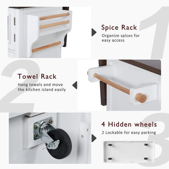 K&K 54.9' Kitchen Island with Drop Leaf, Power Outlet, Kitchen Storage Cart with 4 Door Shelves, Cross Barn Doors & Visual Glass Door, Rolling Kitchen Island on 4 Wheels for Kitchen, Dining Room,White Default -DTYStore