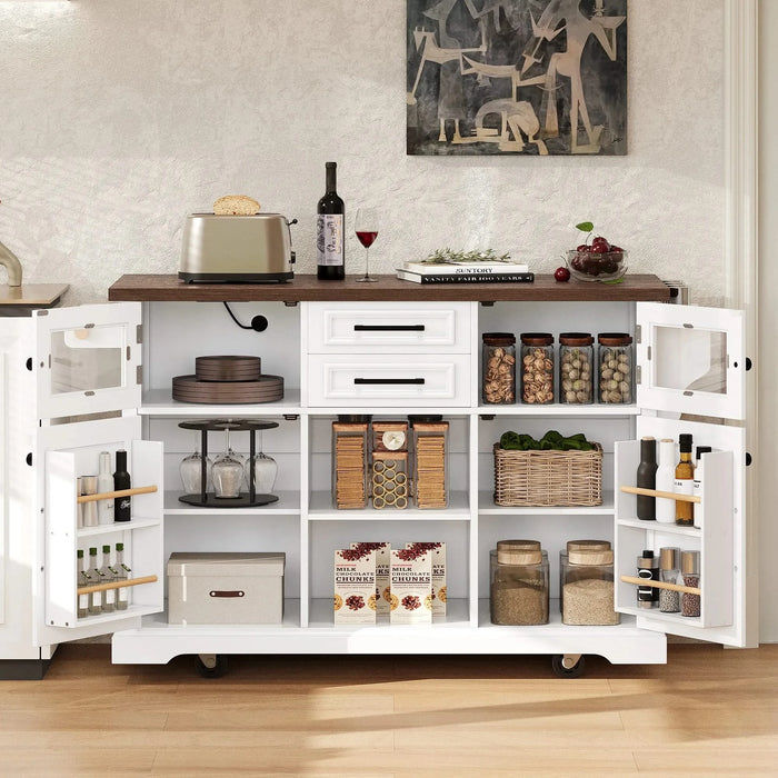 K&K 54.9' Kitchen Island with Drop Leaf, Power Outlet, Kitchen Storage Cart with 4 Door Shelves, Cross Barn Doors & Visual Glass Door, Rolling Kitchen Island on 4 Wheels for Kitchen, Dining Room,White Default -DTYStore