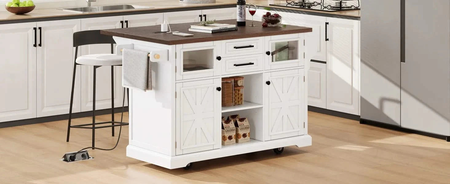 K&K 54.9' Kitchen Island with Drop Leaf, Power Outlet, Kitchen Storage Cart with 4 Door Shelves, Cross Barn Doors & Visual Glass Door, Rolling Kitchen Island on 4 Wheels for Kitchen, Dining Room,White Default -DTYStore