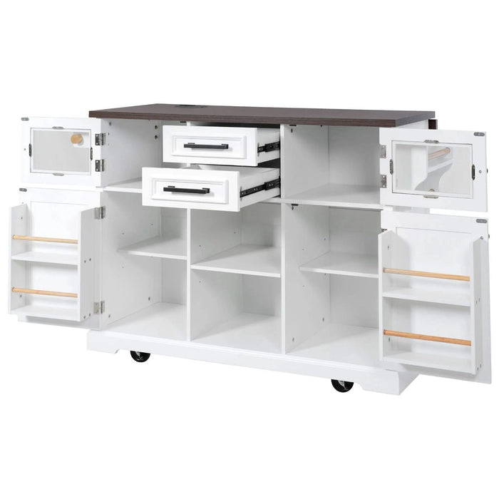 K&K 54.9' Kitchen Island with Drop Leaf, Power Outlet, Kitchen Storage Cart with 4 Door Shelves, Cross Barn Doors & Visual Glass Door, Rolling Kitchen Island on 4 Wheels for Kitchen, Dining Room,White Default -DTYStore