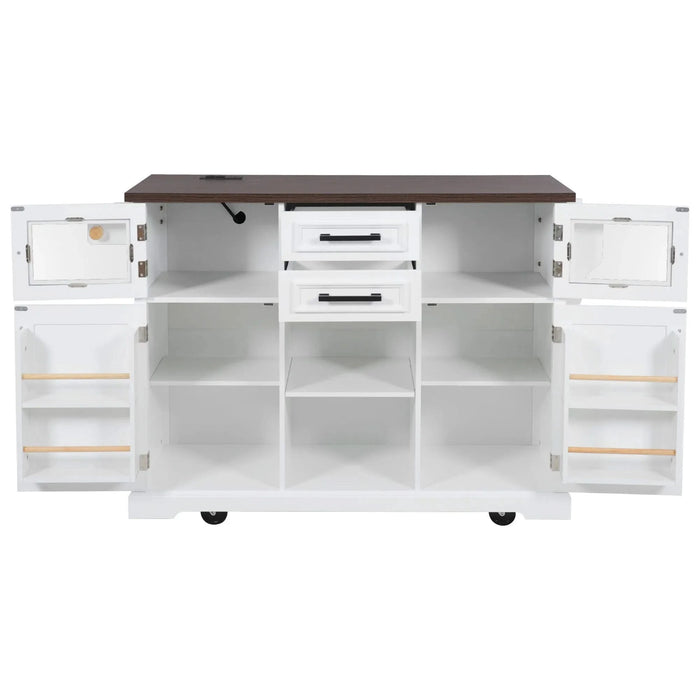 K&K 54.9' Kitchen Island with Drop Leaf, Power Outlet, Kitchen Storage Cart with 4 Door Shelves, Cross Barn Doors & Visual Glass Door, Rolling Kitchen Island on 4 Wheels for Kitchen, Dining Room,White Default -DTYStore