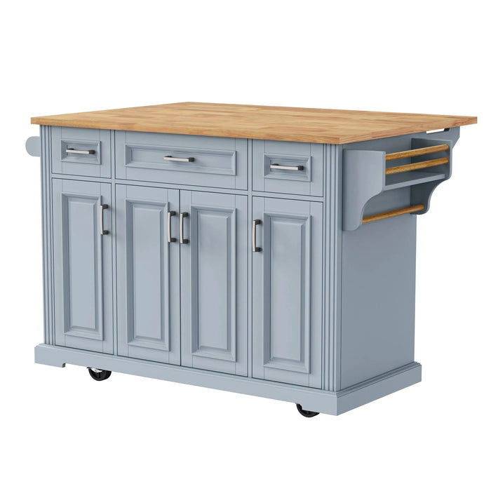 K&K 54inch Large Kitchen Island with Rubber Wood Drop Leaf, Embossed Texture Rolling Kitchen Cart on 4 Wheels with 4 Doors and 3 Drawers, Kitchen Island with Storage for Kitchen, Dining Room,Grey Blue Default -DTYStore