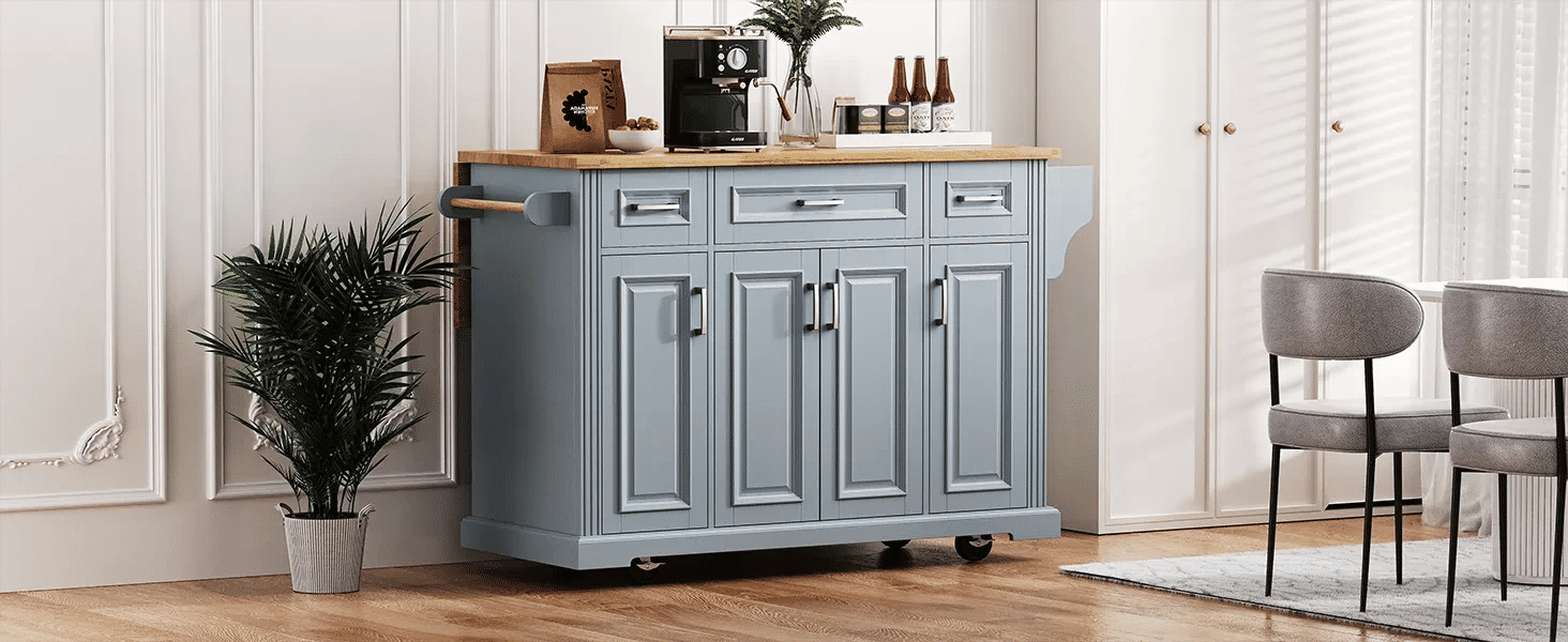 K&K 54inch Large Kitchen Island with Rubber Wood Drop Leaf, Embossed Texture Rolling Kitchen Cart on 4 Wheels with 4 Doors and 3 Drawers, Kitchen Island with Storage for Kitchen, Dining Room,Grey Blue Default -DTYStore