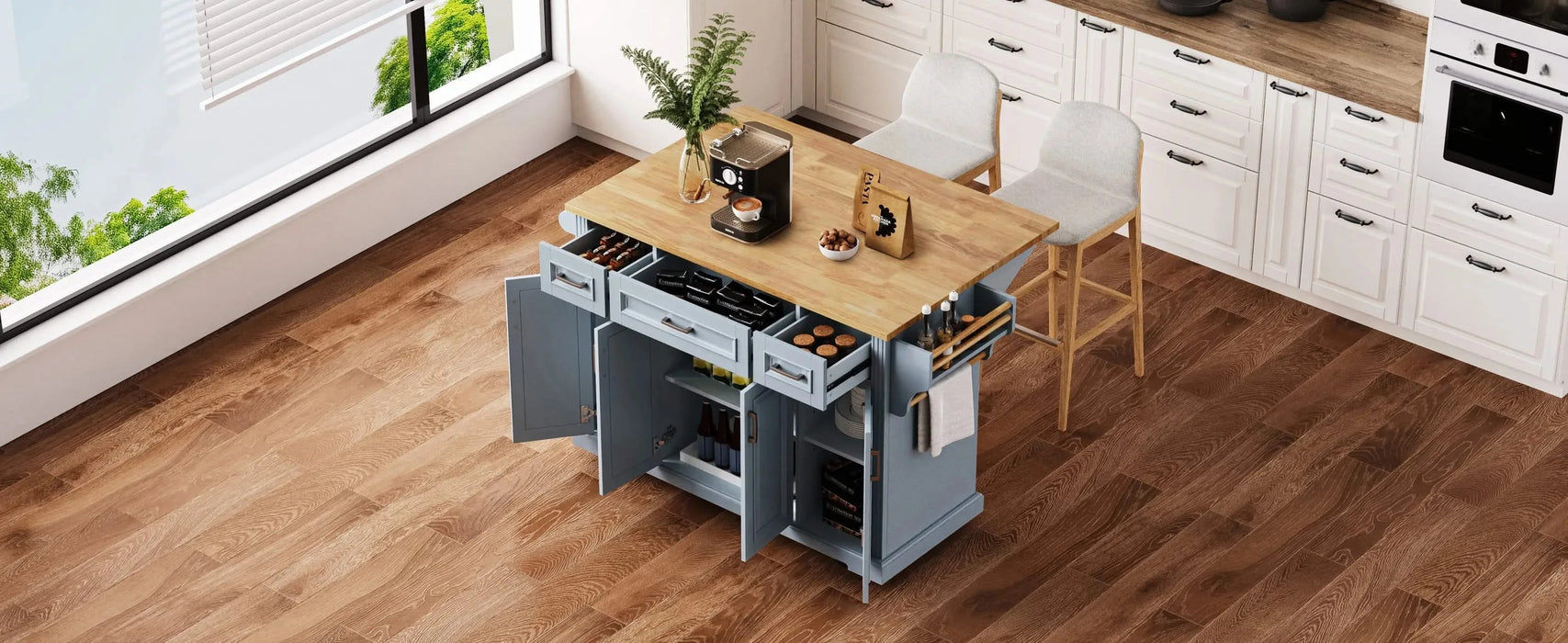 K&K 54inch Large Kitchen Island with Rubber Wood Drop Leaf, Embossed Texture Rolling Kitchen Cart on 4 Wheels with 4 Doors and 3 Drawers, Kitchen Island with Storage for Kitchen, Dining Room,Grey Blue Default -DTYStore