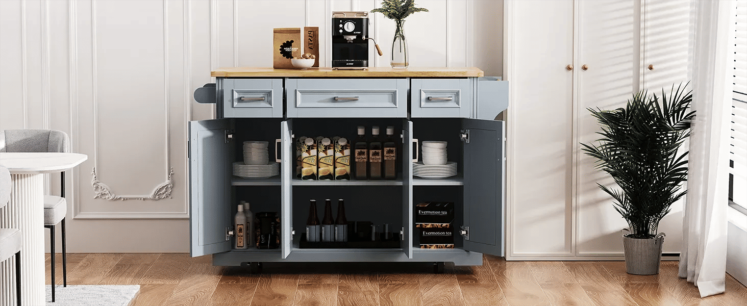 K&K 54inch Large Kitchen Island with Rubber Wood Drop Leaf, Embossed Texture Rolling Kitchen Cart on 4 Wheels with 4 Doors and 3 Drawers, Kitchen Island with Storage for Kitchen, Dining Room,Grey Blue Default -DTYStore