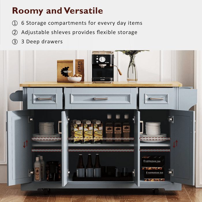 K&K 54inch Large Kitchen Island with Rubber Wood Drop Leaf, Embossed Texture Rolling Kitchen Cart on 4 Wheels with 4 Doors and 3 Drawers, Kitchen Island with Storage for Kitchen, Dining Room,Grey Blue Default -DTYStore