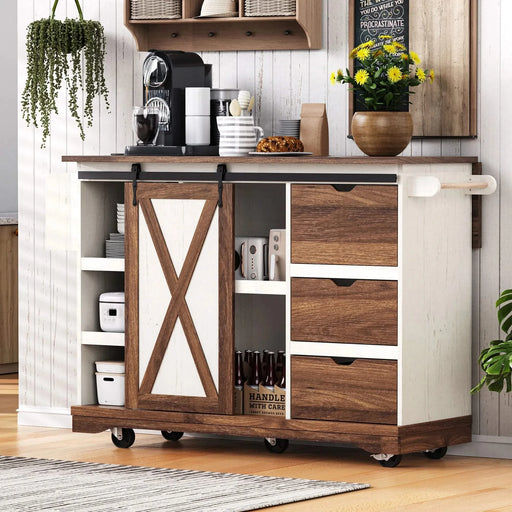 K&K 55.5' Farmhouse Kitchen Island with Drop Leaf, Kitchen Storage Island with Barn Door, Power Outlet, Rolling Kitchen Cart on Wheels with Spice Rack, for Home, Kitchen, Dining Room, White Default -DTYStore