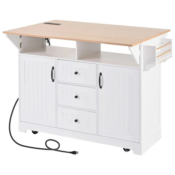 K&K 55.7'' Large Kitchen Island with 2 Drop Leaf,, Rolling Kitchen Cart on 5 Wheels with Power Outlet, Folding Storage Dining Table with Spice & Towel Rack , 3 Drawers, for Kitchen, Dining Room,White Default -DTYStore