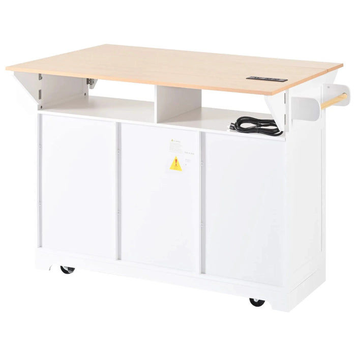 K&K 55.7'' Large Kitchen Island with 2 Drop Leaf,, Rolling Kitchen Cart on 5 Wheels with Power Outlet, Folding Storage Dining Table with Spice & Towel Rack , 3 Drawers, for Kitchen, Dining Room,White Default -DTYStore