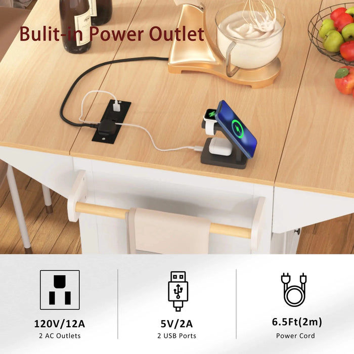 K&K 55.7'' Large Kitchen Island with 2 Drop Leaf,, Rolling Kitchen Cart on 5 Wheels with Power Outlet, Folding Storage Dining Table with Spice & Towel Rack , 3 Drawers, for Kitchen, Dining Room,White Default -DTYStore