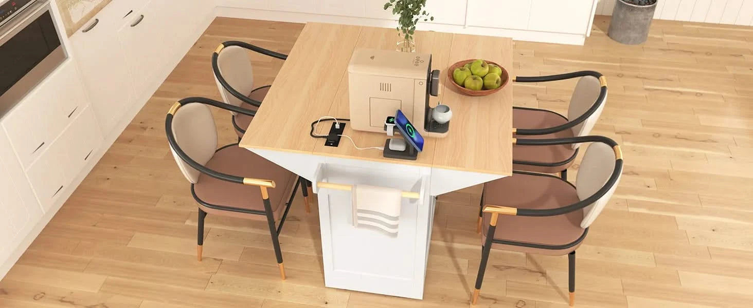 K&K 55.7'' Large Kitchen Island with 2 Drop Leaf,, Rolling Kitchen Cart on 5 Wheels with Power Outlet, Folding Storage Dining Table with Spice & Towel Rack , 3 Drawers, for Kitchen, Dining Room,White Default -DTYStore