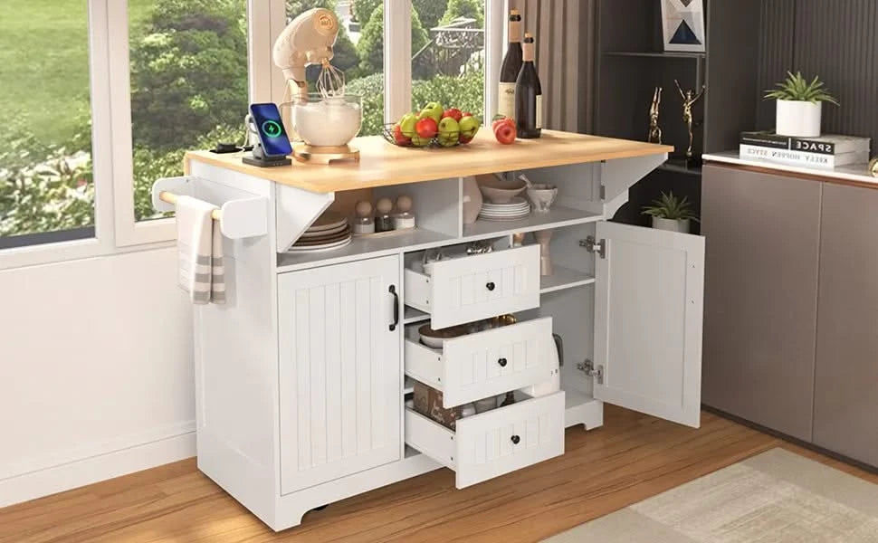 K&K 55.7'' Large Kitchen Island with 2 Drop Leaf,, Rolling Kitchen Cart on 5 Wheels with Power Outlet, Folding Storage Dining Table with Spice & Towel Rack , 3 Drawers, for Kitchen, Dining Room,White Default -DTYStore