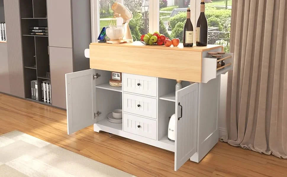 K&K 55.7'' Large Kitchen Island with 2 Drop Leaf,, Rolling Kitchen Cart on 5 Wheels with Power Outlet, Folding Storage Dining Table with Spice & Towel Rack , 3 Drawers, for Kitchen, Dining Room,White Default -DTYStore