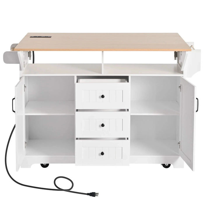 K&K 55.7'' Large Kitchen Island with 2 Drop Leaf,, Rolling Kitchen Cart on 5 Wheels with Power Outlet, Folding Storage Dining Table with Spice & Towel Rack , 3 Drawers, for Kitchen, Dining Room,White Default -DTYStore