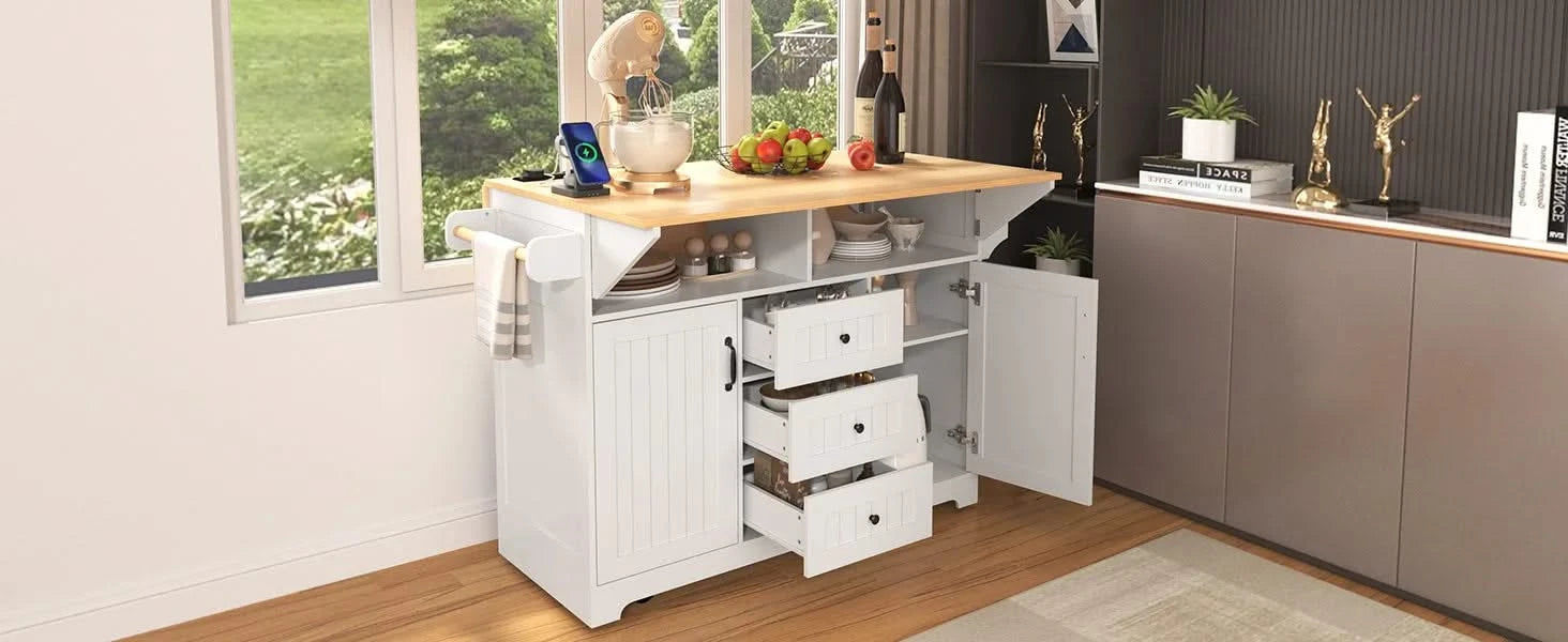 K&K 55.7'' Large Kitchen Island with 2 Drop Leaf,, Rolling Kitchen Cart on 5 Wheels with Power Outlet, Folding Storage Dining Table with Spice & Towel Rack , 3 Drawers, for Kitchen, Dining Room,White Default -DTYStore