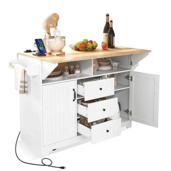 K&K 55.7'' Large Kitchen Island with 2 Drop Leaf,, Rolling Kitchen Cart on 5 Wheels with Power Outlet, Folding Storage Dining Table with Spice & Towel Rack , 3 Drawers, for Kitchen, Dining Room,White Default -DTYStore