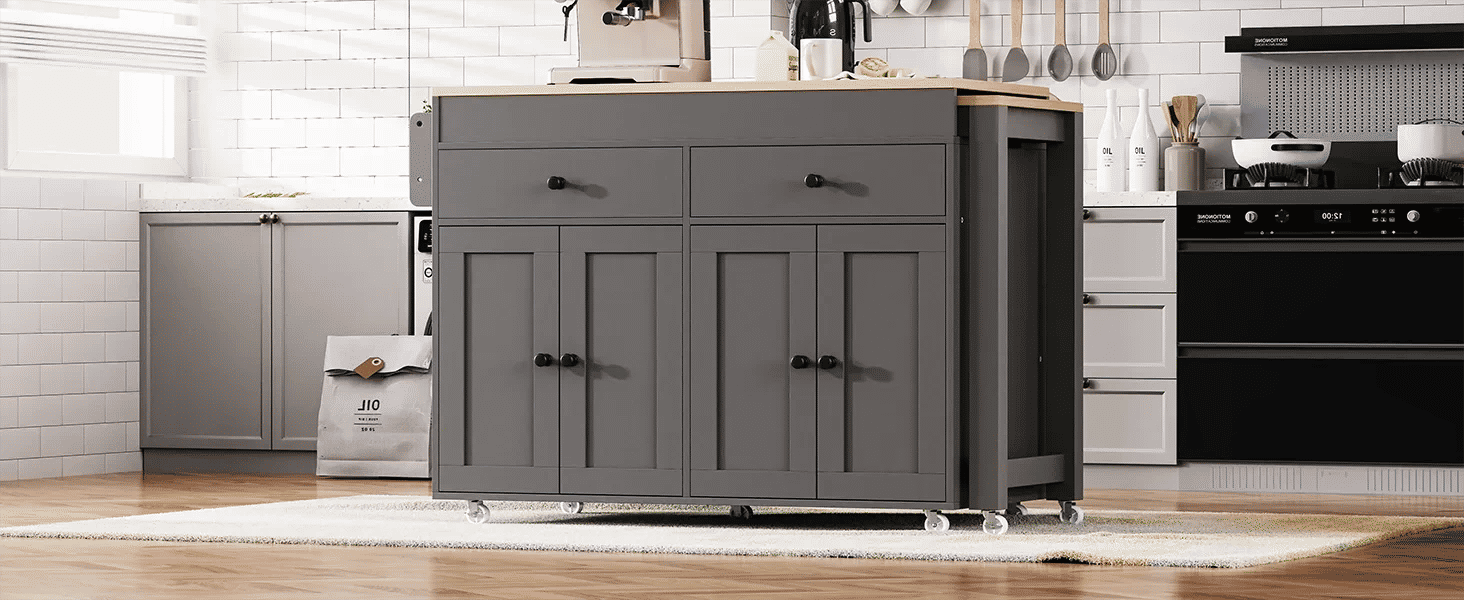 K&K 74.5 inch Kitchen Island with Extendable Dining Table , Rolling Kitchen Island on Wheels with Spice Rack and 2 Drawers, Kitchen Storage Cart with 4 Door Cabinet, for Kitchen, Dining Room, Grey Default -DTYStore