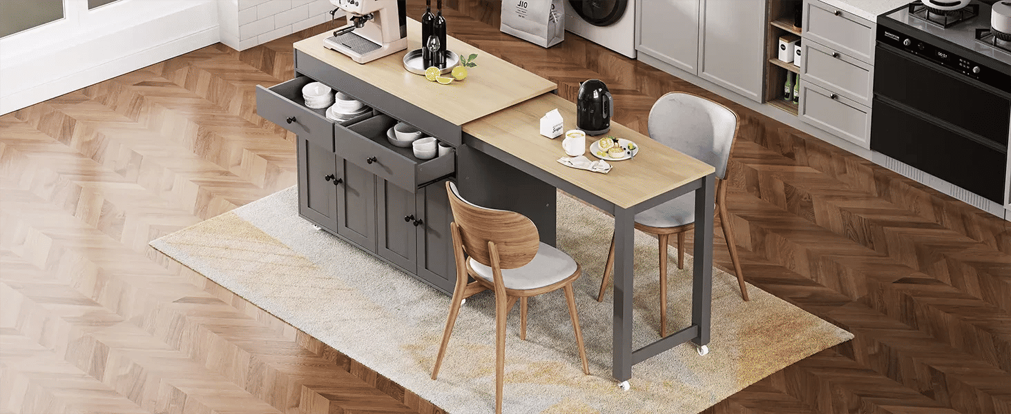 K&K 74.5 inch Kitchen Island with Extendable Dining Table , Rolling Kitchen Island on Wheels with Spice Rack and 2 Drawers, Kitchen Storage Cart with 4 Door Cabinet, for Kitchen, Dining Room, Grey Default -DTYStore