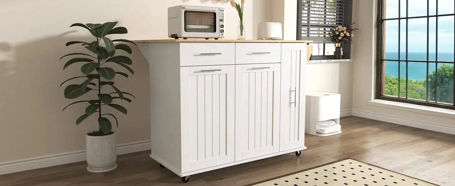 K&K Kitchen Island with Drop Leaf, Kitchen Storage Cart with 3 Tier Pull Out Cabinet Organizer, Internal Storage Rack, Rolling Kitchen Cart on Wheels with Towel Rack, 2 Drawers, for Kitchen, White Default -DTYStore