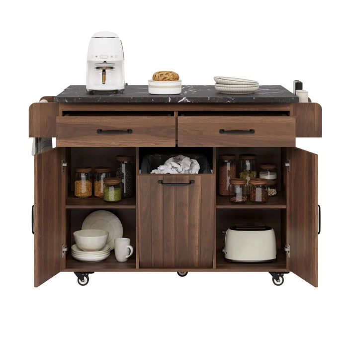 K&K Kitchen Island with Trash Can Storage Cabinet, Kitchen Cart with Drop Leaf, Spice Rack, Towel Rack and Drawer, Rolling Kitchen Island on Wheels with Adjustable Shelf, Walnut Brown Default -DTYStore