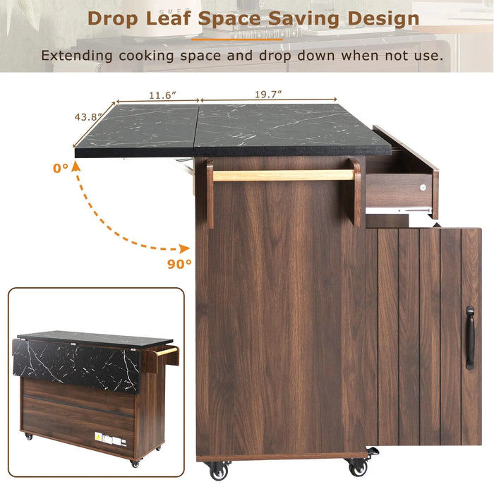 K&K Kitchen Island with Trash Can Storage Cabinet, Kitchen Cart with Drop Leaf, Spice Rack, Towel Rack and Drawer, Rolling Kitchen Island on Wheels with Adjustable Shelf, Walnut Brown Default -DTYStore
