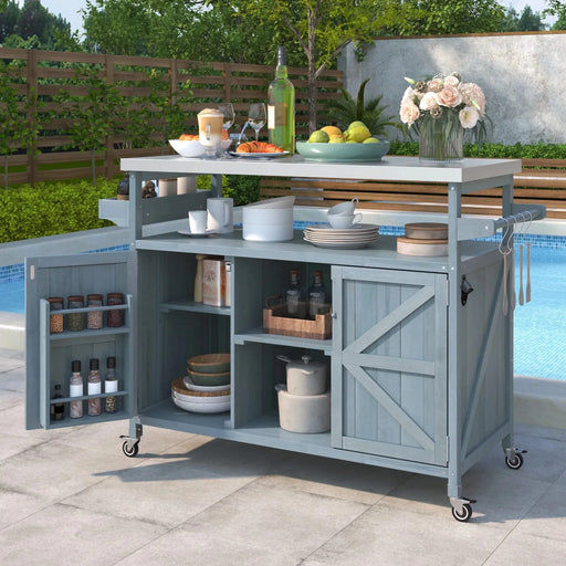 K&K Outdoor Kitchen Island, Rolling Bar Cart & Storage Cabinet, Farmhouse Solid Wood Outdoor Grill Table with Stainless Steel Top, Spice Rack , Towel Rack for Kitchen & BBQ , Grey Blue Default -DTYStore