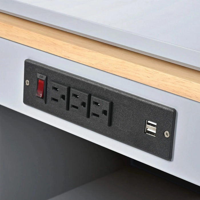 K&K Rolling Kitchen Island With Extended Table, Kitchen Island on Wheels with LED Lights,Power Outlets and 2 Fluted Glass Doors, Kitchen Island with a Storage Compartment and Side 3 Open Shelves, Grey Default -DTYStore