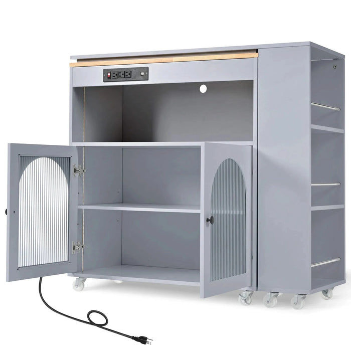 K&K Rolling Kitchen Island With Extended Table, Kitchen Island on Wheels with LED Lights,Power Outlets and 2 Fluted Glass Doors, Kitchen Island with a Storage Compartment and Side 3 Open Shelves, Grey Default -DTYStore