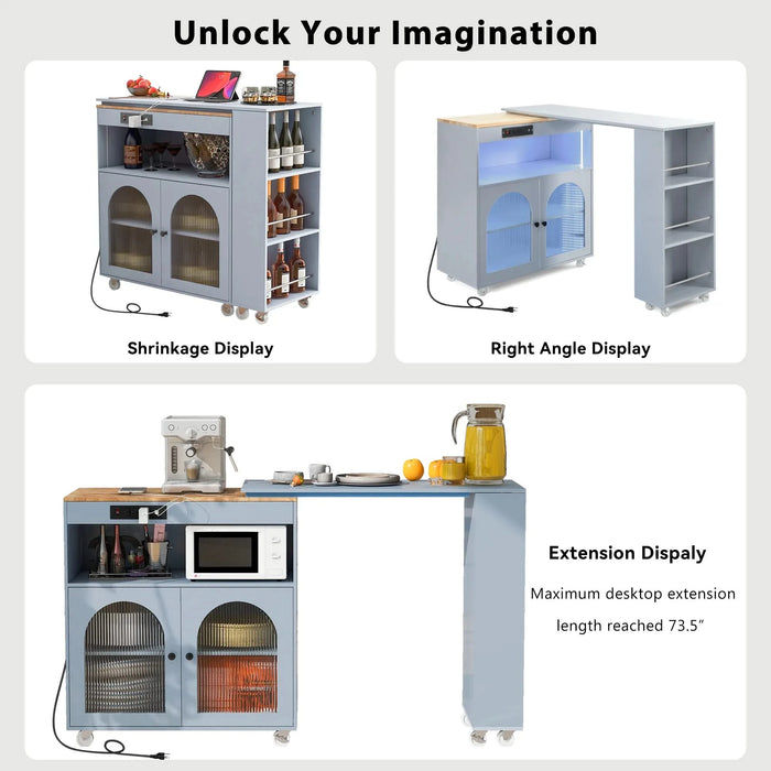 K&K Rolling Kitchen Island With Extended Table, Kitchen Island on Wheels with LED Lights,Power Outlets and 2 Fluted Glass Doors, Kitchen Island with a Storage Compartment and Side 3 Open Shelves, Grey Default -DTYStore