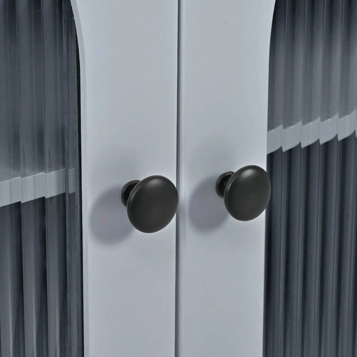 K&K Rolling Kitchen Island With Extended Table, Kitchen Island on Wheels with LED Lights,Power Outlets and 2 Fluted Glass Doors, Kitchen Island with a Storage Compartment and Side 3 Open Shelves, Grey Default -DTYStore