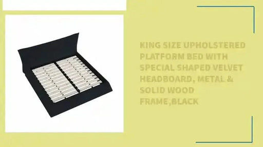 King Size Upholstered Platform Bed with Special Shaped Velvet Headboard, Metal & Solid Wood Frame,Black Default -DTYStore