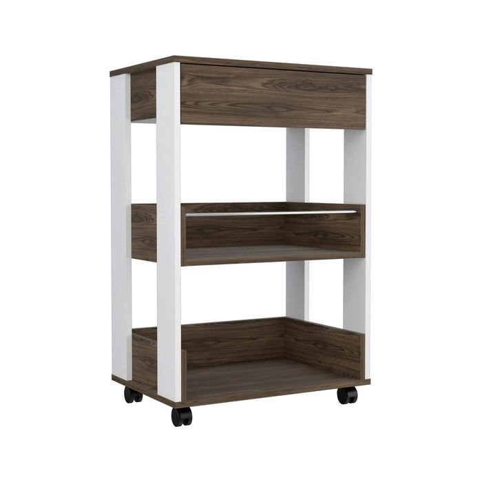 Kitchen Cart Coron with Drawer, Three-Tier Shelves and Casters, White / Dark Walnut Finish Default -DTYStore