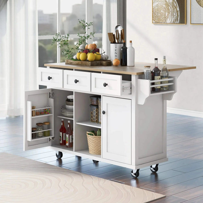 Kitchen Cart with Rubber wood Drop-Leaf Countertop ,Cabinet door internal storage racks,Kitchen Island on 5 Wheels with Storage Cabinet and 3 Drawers for Dinning Room,White Default -DTYStore