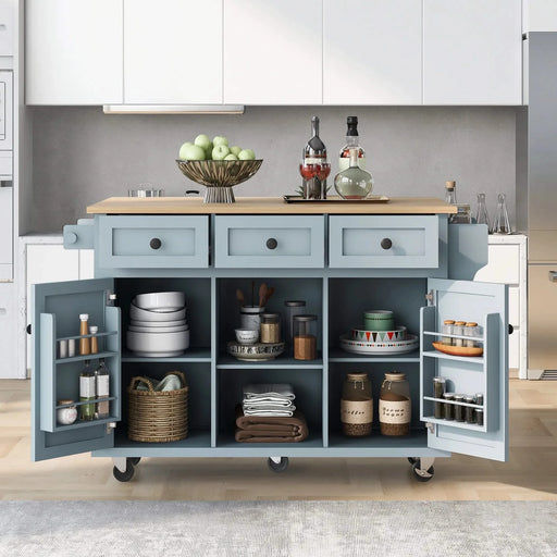 Kitchen Cart with Rubber wood Drop-Leaf Countertop ,Cabinet door internal storage racks,Kitchen Island on 5 Wheels with Storage Cabinet and 3 Drawers for Dinning Room, Grey Blue Default -DTYStore